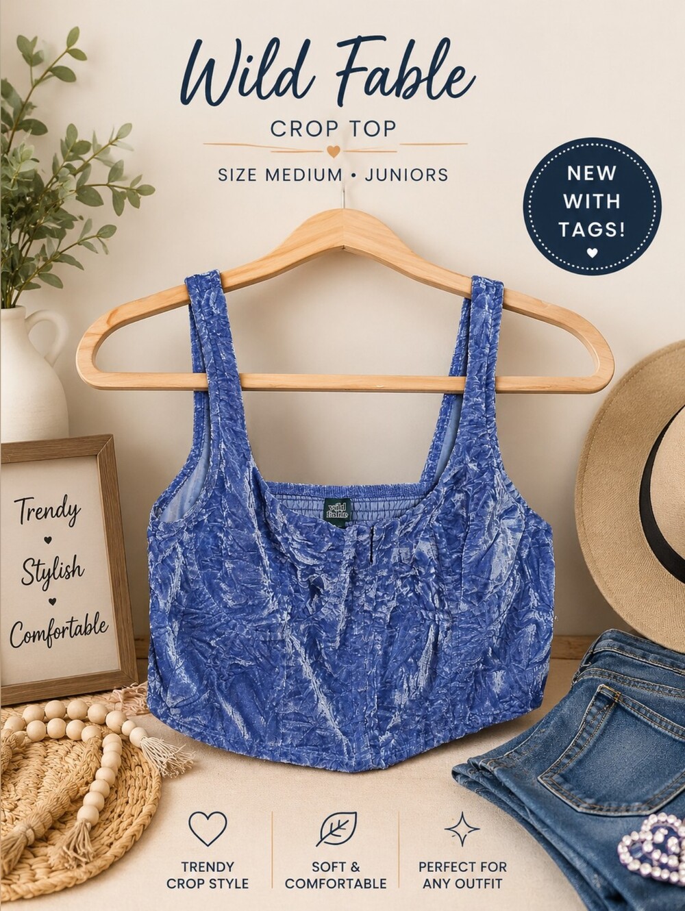 Wild Fable Blue Crushed Velvet Crop Top - Size Medium